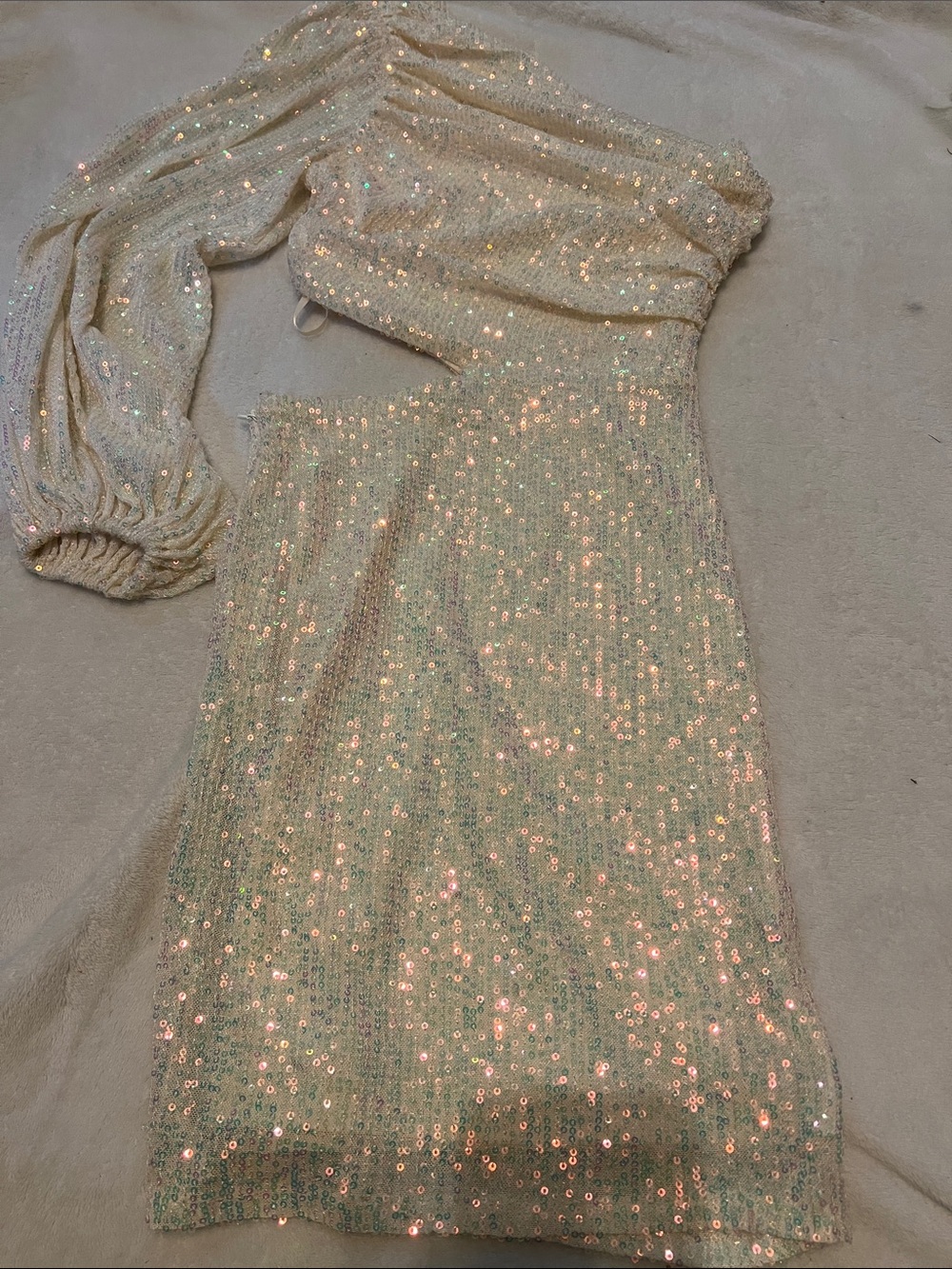 Iridescent One-Shoulder Sequin Dress in Champagne with side cutout